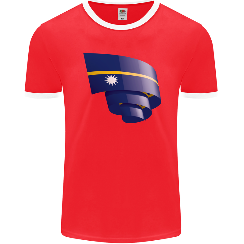 Curled Nauru Flag Nauruan Day Football Mens Ringer T-Shirt FotL Red/White