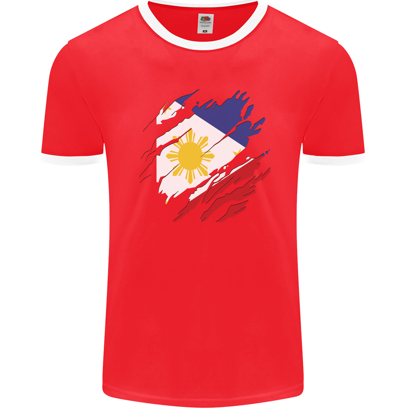 Torn Philippines Flag Philipino Day Football Mens Ringer T-Shirt FotL Red/White