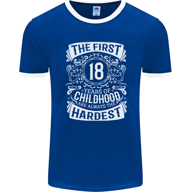 First 18 Years of Childhood Funny 18th Birthday Mens Ringer T-Shirt FotL Royal Blue/White