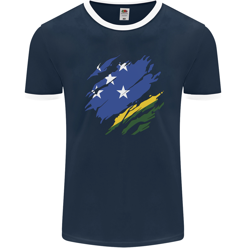 Torn Solomon Islands Flag Day Football Mens Ringer T-Shirt FotL Navy Blue/White