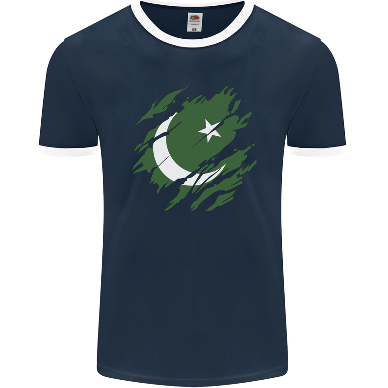 Torn Pakistan Flag Pakistani Day Football Mens Ringer T-Shirt FotL Navy Blue/White