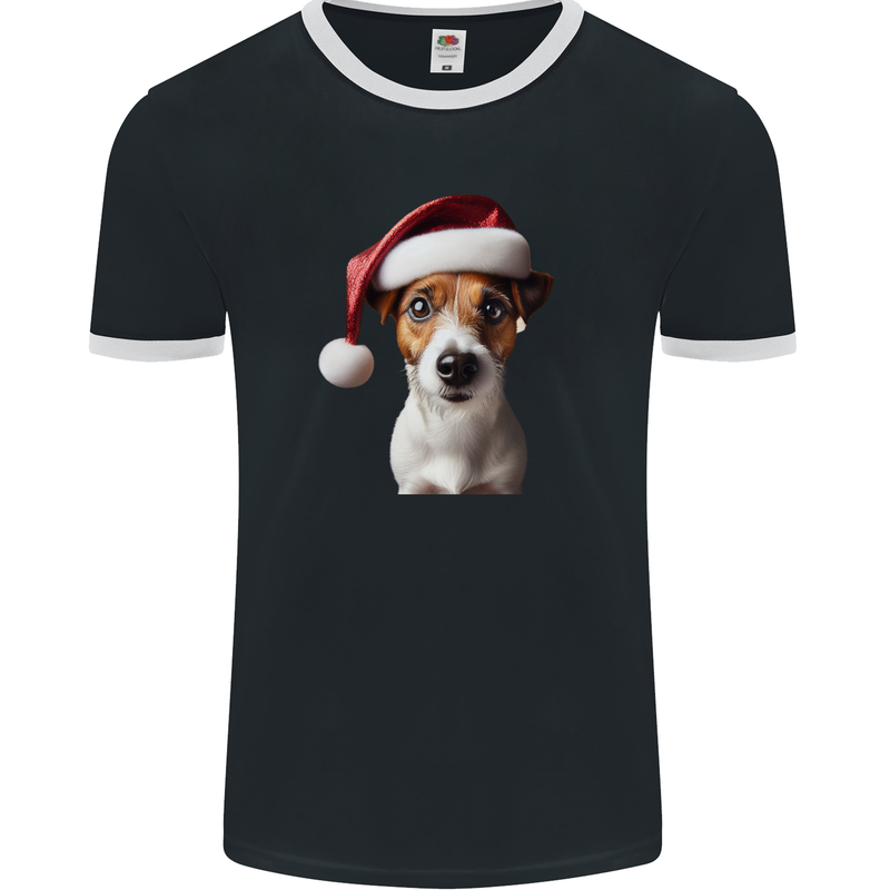 Christmas Jack Russell Dog Wearing an Xmas Hat Mens Ringer T-Shirt FotL Black/White