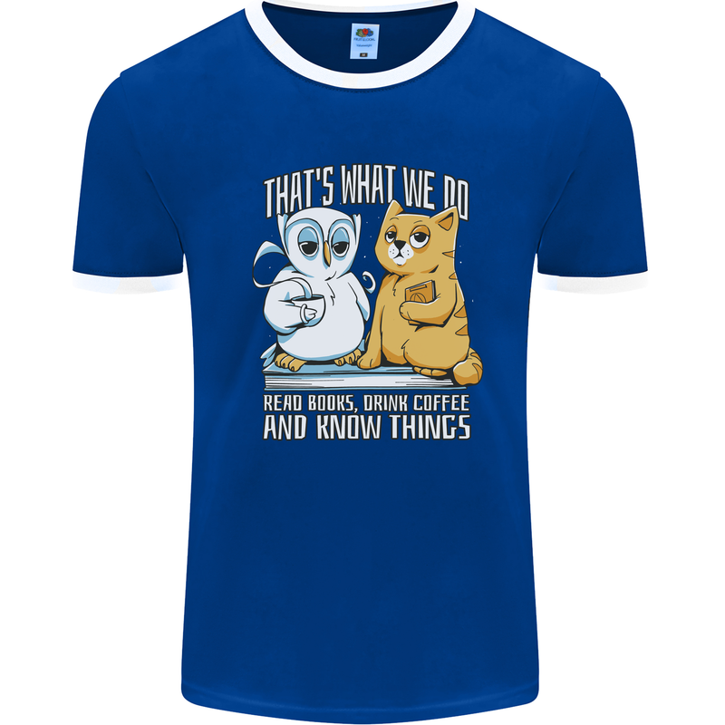 An Owl & Cat Book Reading Bibliophile Mens Ringer T-Shirt Royal Blue/White