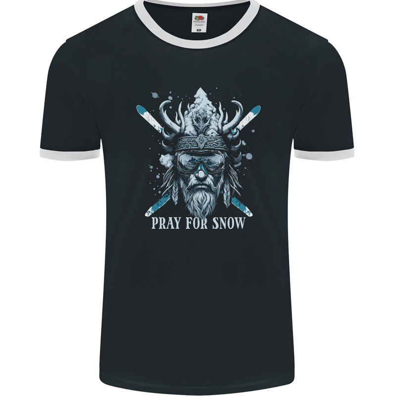 Pray For Snow Skiing Viking Ski Mens Ringer T-Shirt FotL Black/White