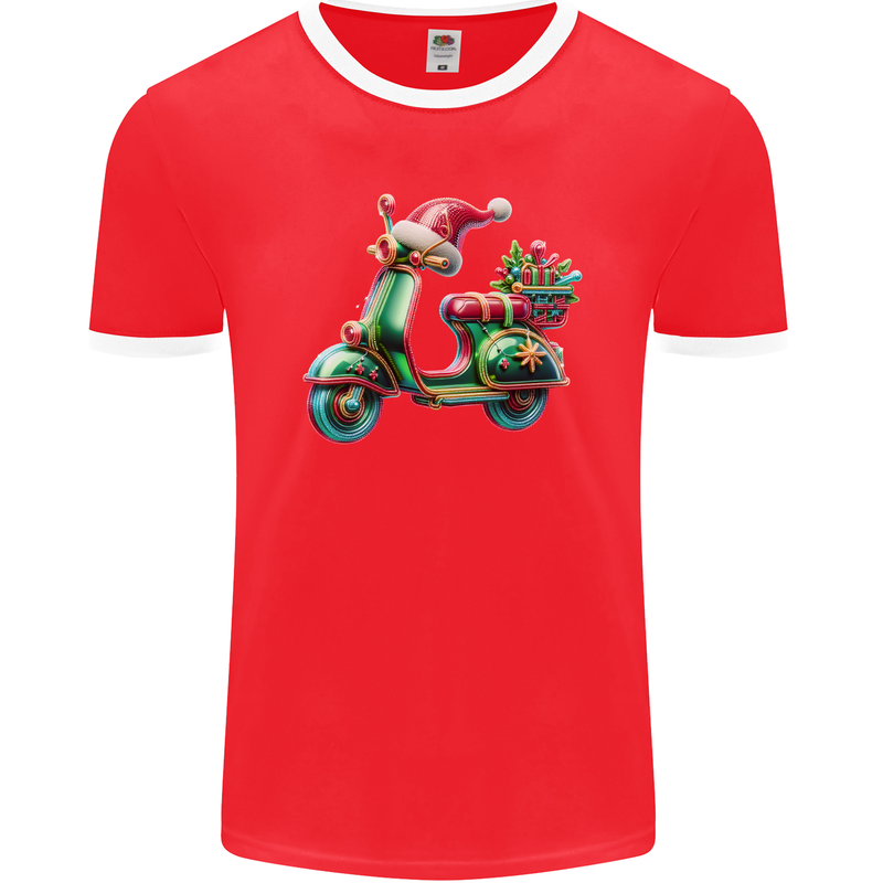 Scooter Christmas Hat MOD Moped Xmas Mens Ringer T-Shirt FotL Red/White