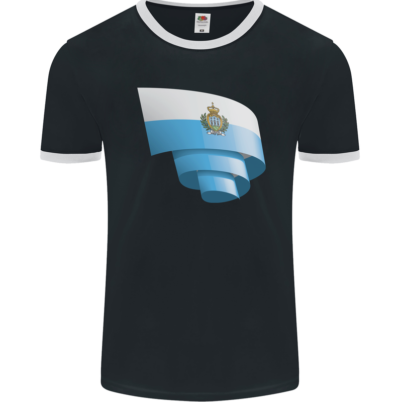 Curled San Marino Flag Sammarinese Day Football Mens Ringer T-Shirt FotL Black/White