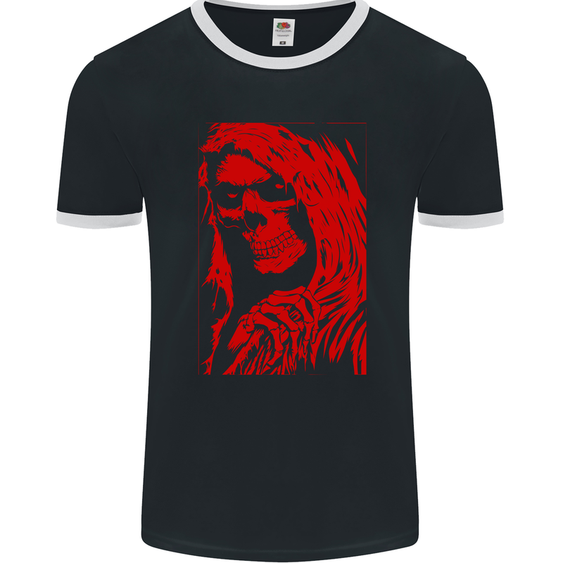 Female Skull Grim Reaper Biker Motorcycle Mens Ringer T-Shirt FotL Black/White