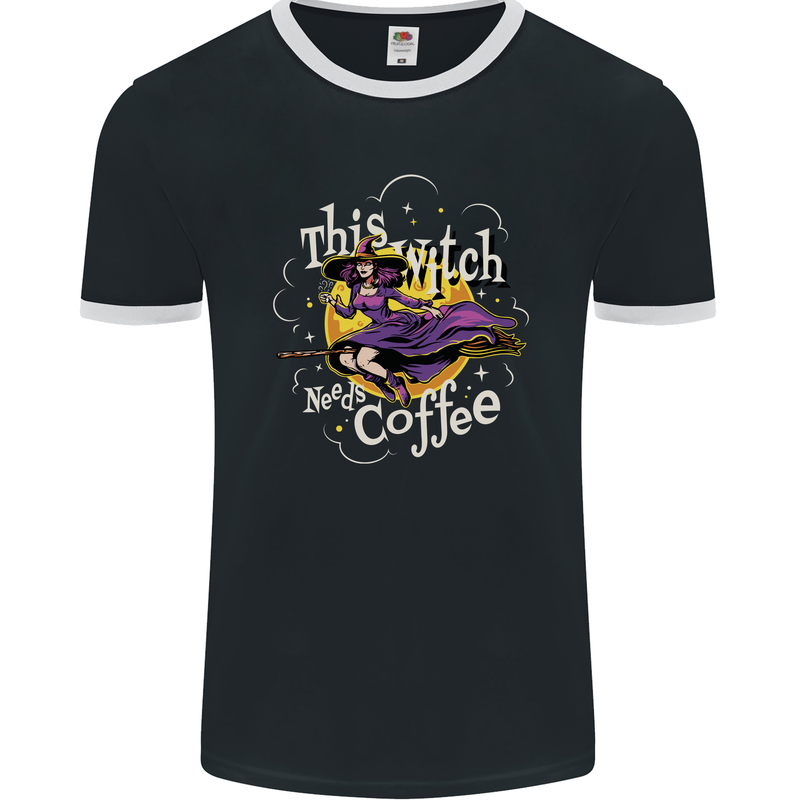 This Witch Needs Coffee Funny Halloween Mens Ringer T-Shirt FotL Black/White