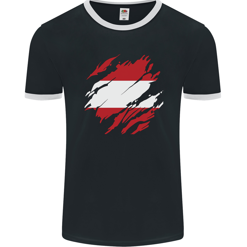 Torn Austria Flag Austrian Day Football Mens Ringer T-Shirt FotL Black/White