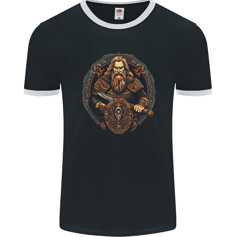 Viking Warrior With Sword and Shield Mens Ringer T-Shirt FotL Black/White