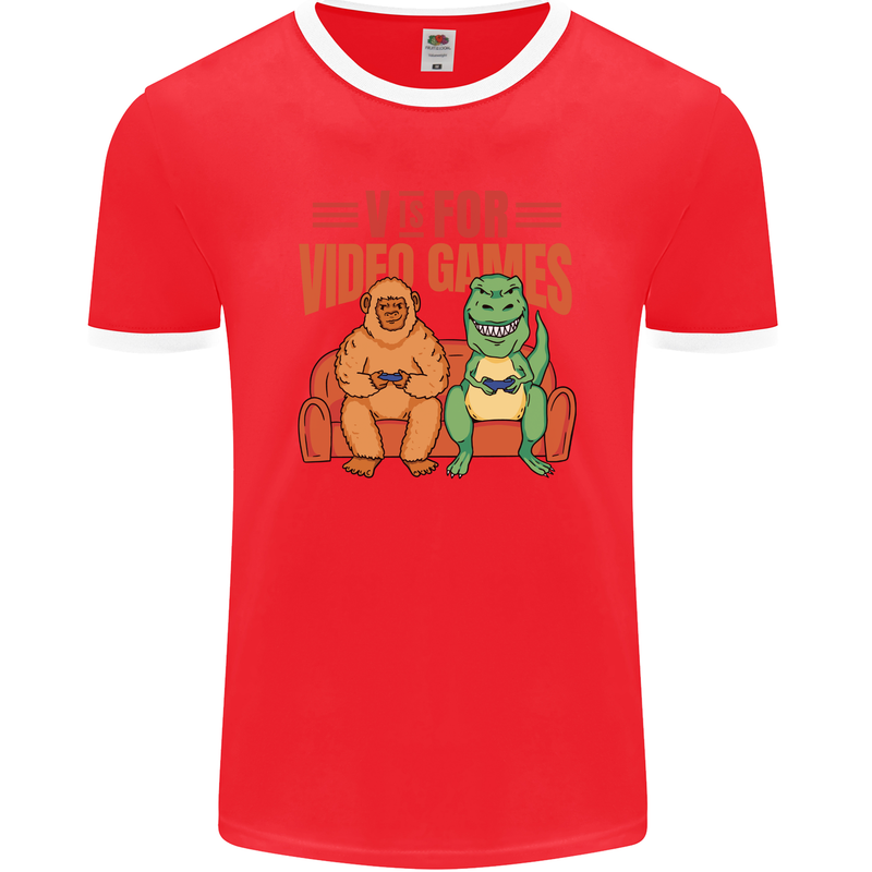 Video Games T-Rex Funny Bigfoot Dinosaur Mens Ringer T-Shirt FotL Red/White