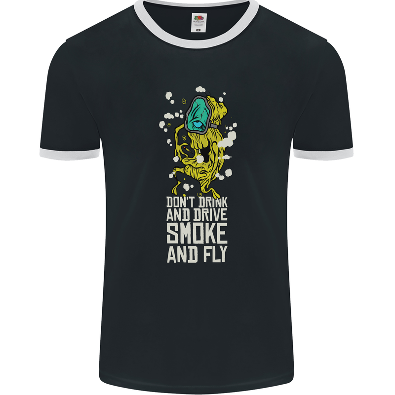 Funny Weed Cannabis Smoke and Fly Mens Ringer T-Shirt FotL Black/White