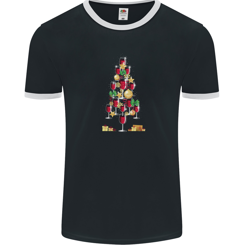 Wine Christmas Tree Xmas Alcohol Funny Mens Ringer T-Shirt FotL Black/White