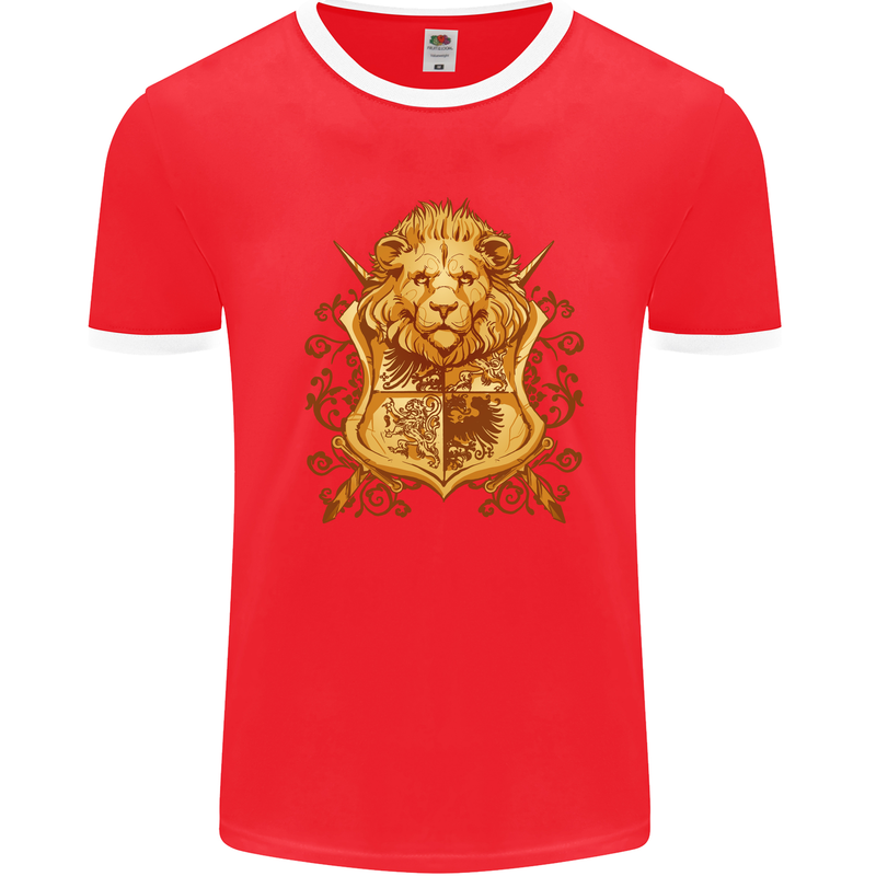 A Heraldic Lion Coat of Arms Shield Mens Ringer T-Shirt Red/White