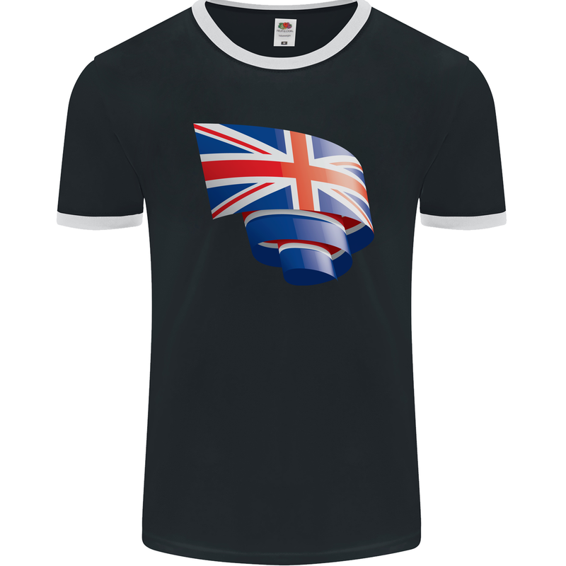 Curled British Flag Union Jack Britain Mens Ringer T-Shirt FotL Black/White