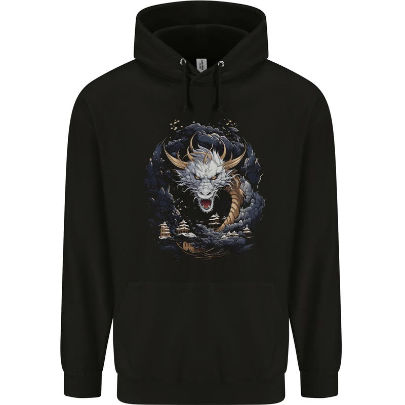 White Japanese Dragon Fantasy Mens 80% Cotton Hoodie Black