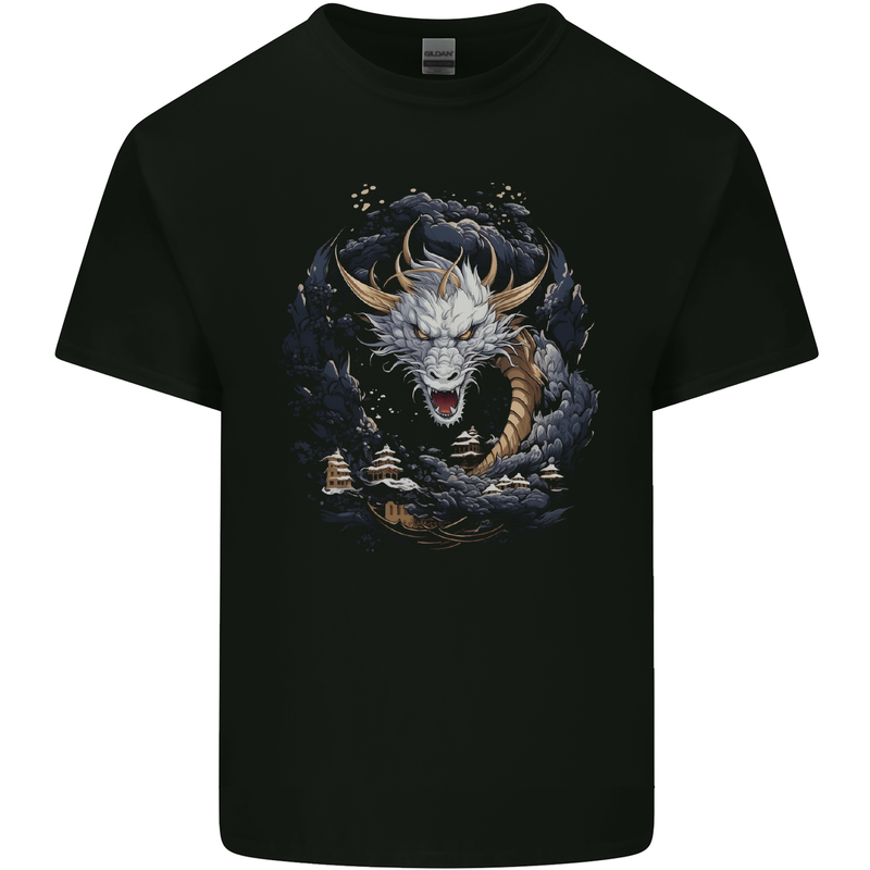White Japanese Dragon Fantasy Mens Cotton T-Shirt Tee Top Black