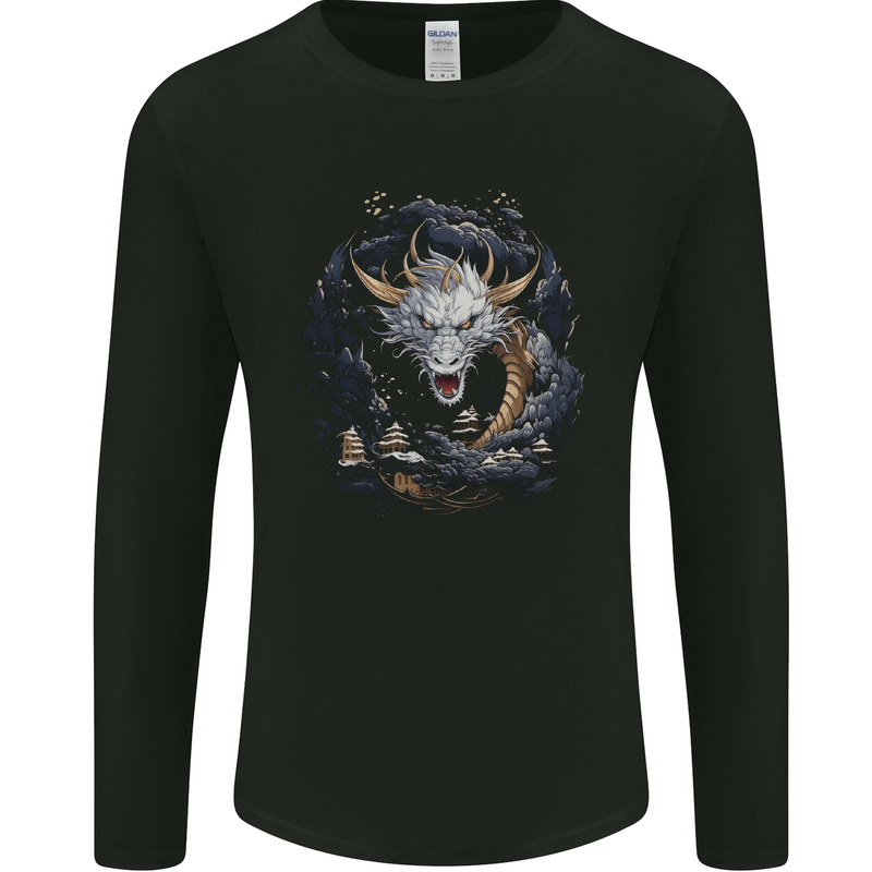 White Japanese Dragon Fantasy Mens Long Sleeve T-Shirt Black