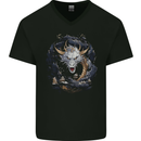 White Japanese Dragon Fantasy Mens V-Neck Cotton T-Shirt Black