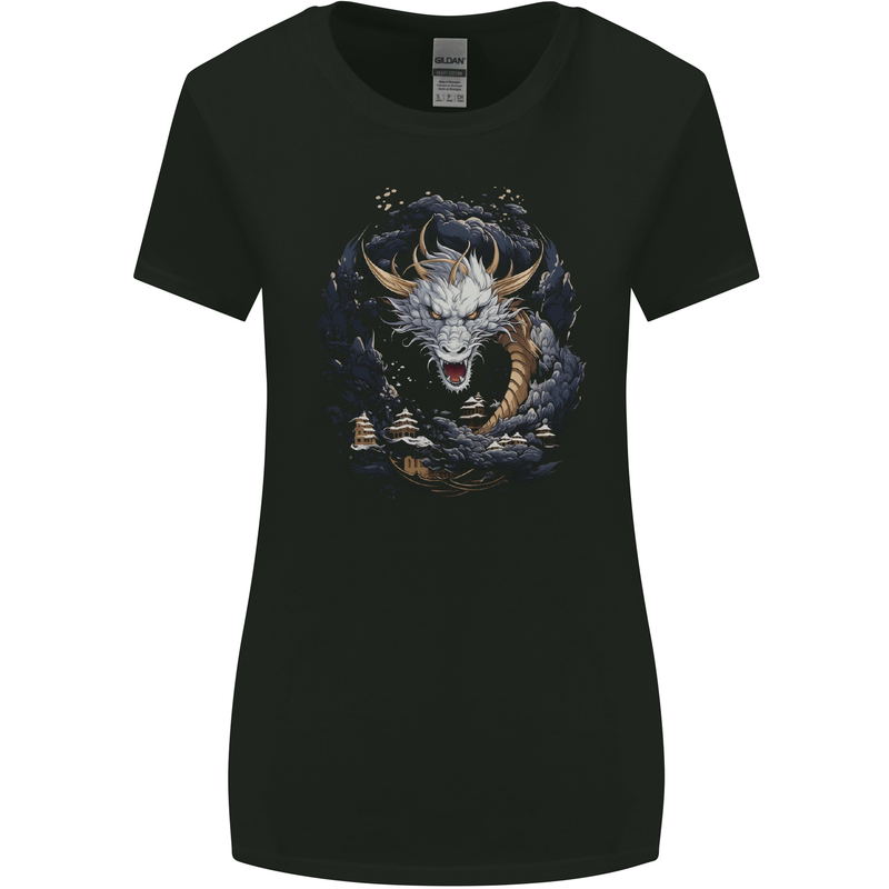 White Japanese Dragon Fantasy Womens Wider Cut T-Shirt Black