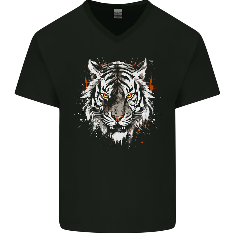 White Siberian Tiger Mens V-Neck Cotton T-Shirt Black