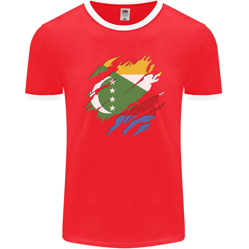 Torn Comoros Flag Comorian Day Football Mens Ringer T-Shirt FotL Red/White