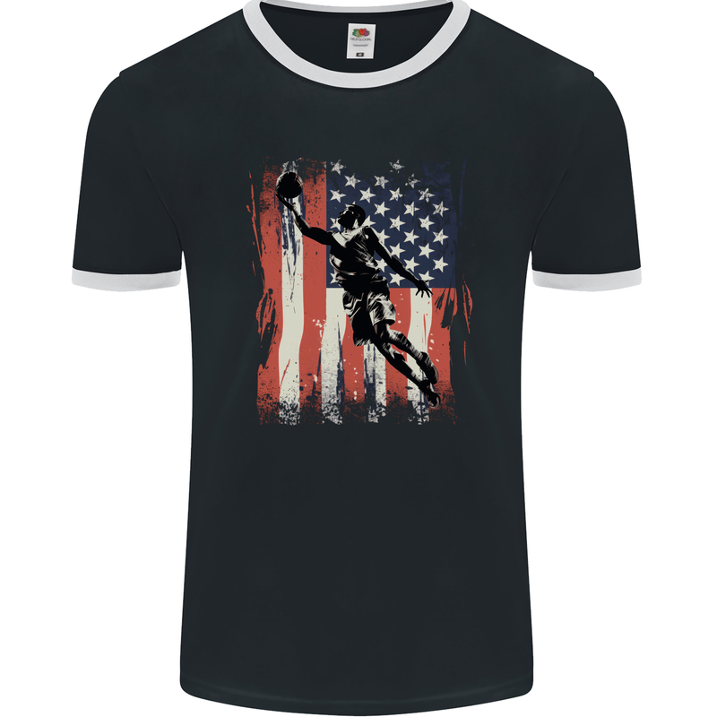 Basketball Player Flag USA America Mens Ringer T-Shirt FotL Black/White