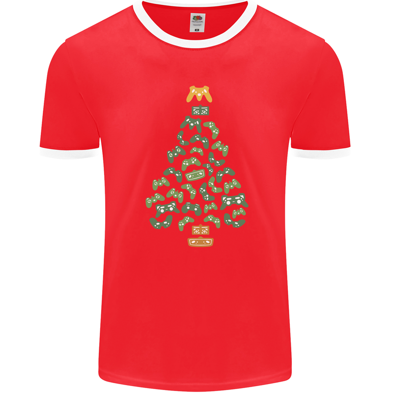 Christmas Video Game Controller Tree Joypad Xmas Mens Ringer T-Shirt FotL Red/White