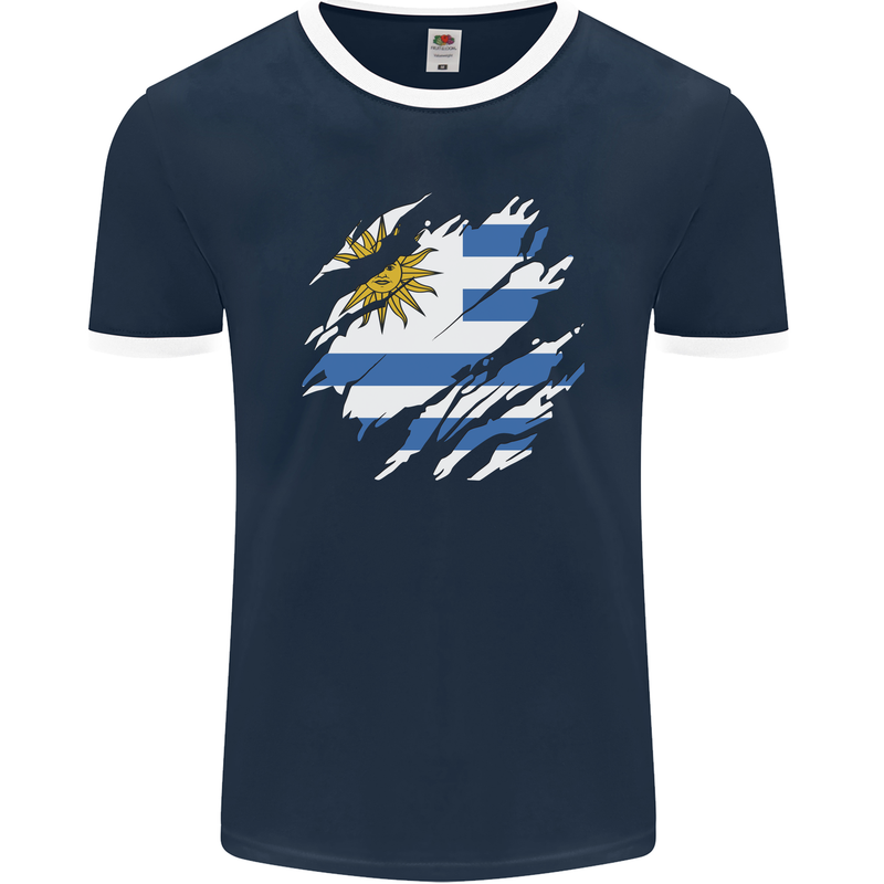 Torn Uruguay Flag Uruguayan Day Football Mens Ringer T-Shirt FotL Navy Blue/White