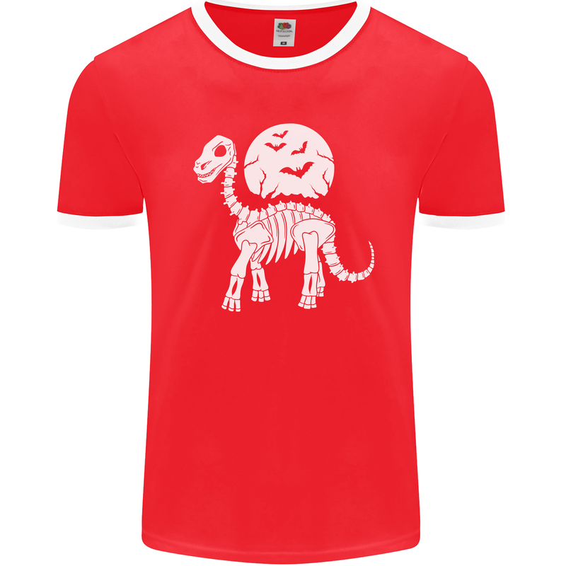A Dinosaur Skeleton With a Full Moon Halloween Mens Ringer T-Shirt FotL Red/White