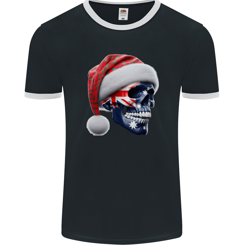 Australian Christmas Skull Xmas Australia Flag Mens Ringer T-Shirt FotL Black/White