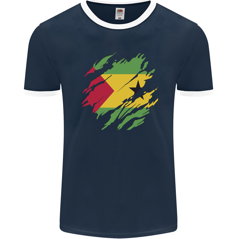 Torn Sao Tome and Principe Flag Day Football Mens Ringer T-Shirt FotL Navy Blue/White