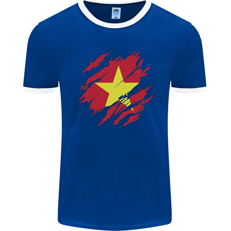 Torn Vietnam Flag Vietnamese Day Football Mens Ringer T-Shirt FotL Royal Blue/White