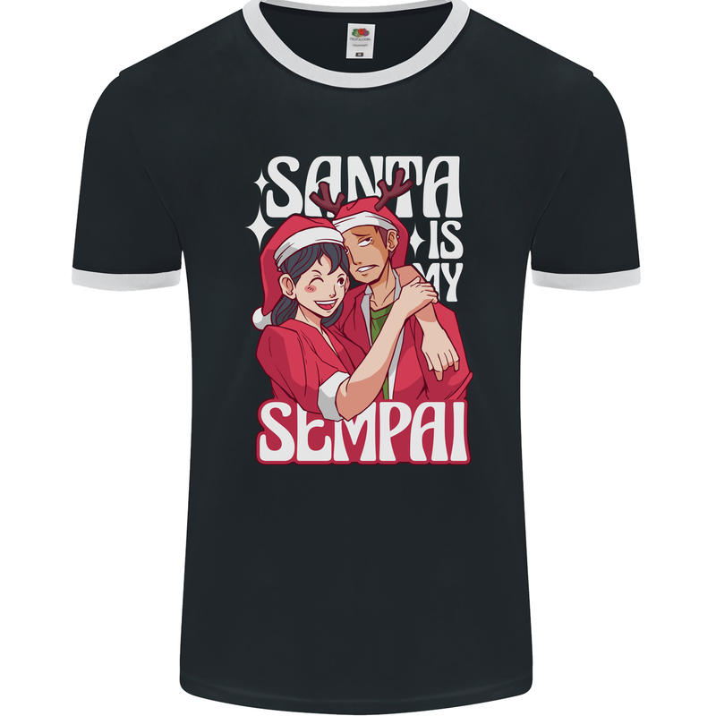 Anime Santa is My Sempai Funny Christmas Xmas Mens Ringer T-Shirt FotL Black/White