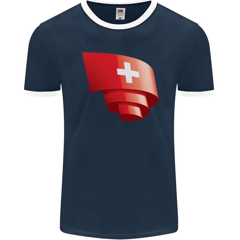 Curled Switzerland Flag Swiss Day Football Mens Ringer T-Shirt FotL Navy Blue/White