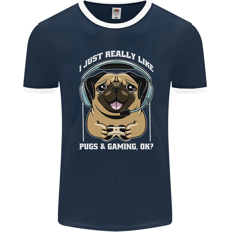 Love Pugs and Gaming Gamer Mens Ringer T-Shirt FotL Navy Blue/White