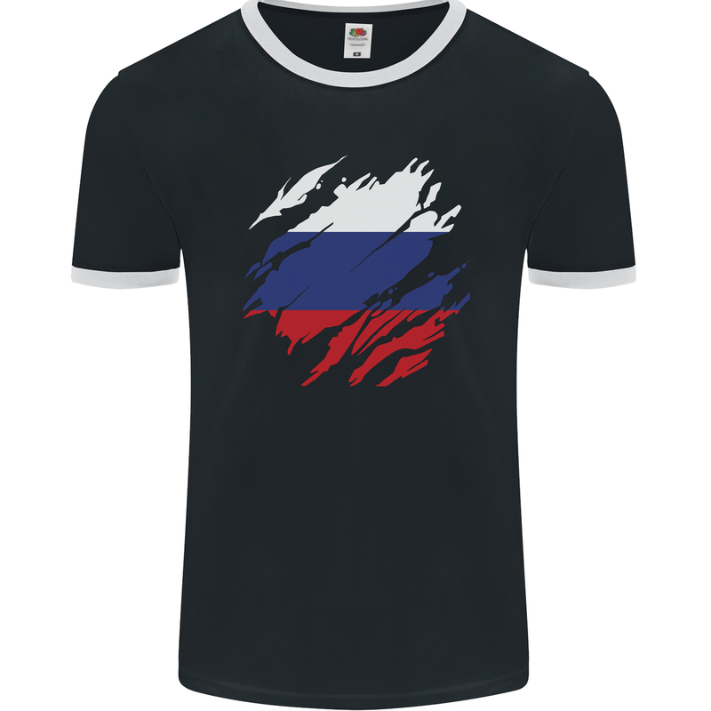 Torn Russia Flag Russian Day Football Mens Ringer T-Shirt FotL Black/White