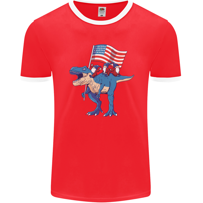 USA T-Rex Gnome American Flag Dinosaur Mens Ringer T-Shirt FotL Red/White