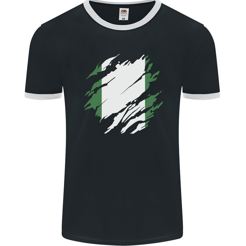 Torn Nigeria Flag Nigerian Day Football Mens Ringer T-Shirt FotL Black/White