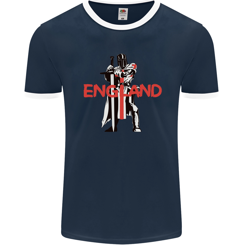 England St Georges Day Knights Templar Flag Mens Ringer T-Shirt FotL Navy Blue/White