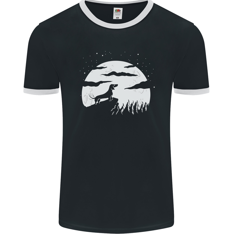 Dachshund Moon Silhouette Dog Mens Ringer T-Shirt FotL Black/White