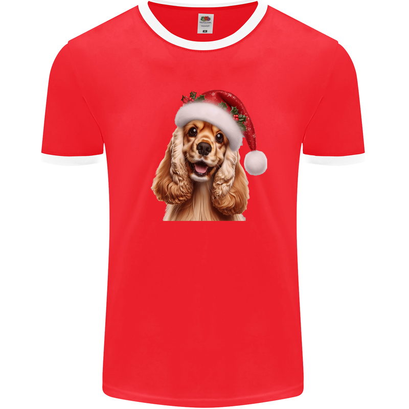 Christmas Cocker Spaniel Xmas Hat Dog Mens Ringer T-Shirt FotL Red/White