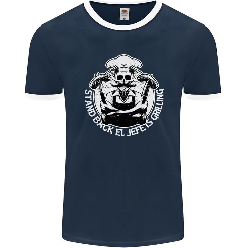 Stand Back El Jefe is Grilling Funny Skull BBQ Mens Ringer T-Shirt FotL Navy Blue/White