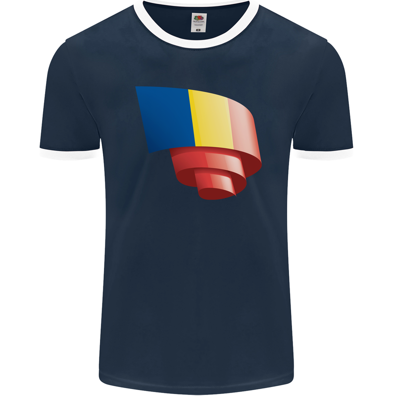 Curled Romania Flag Romanian Day Football Mens Ringer T-Shirt FotL Navy Blue/White
