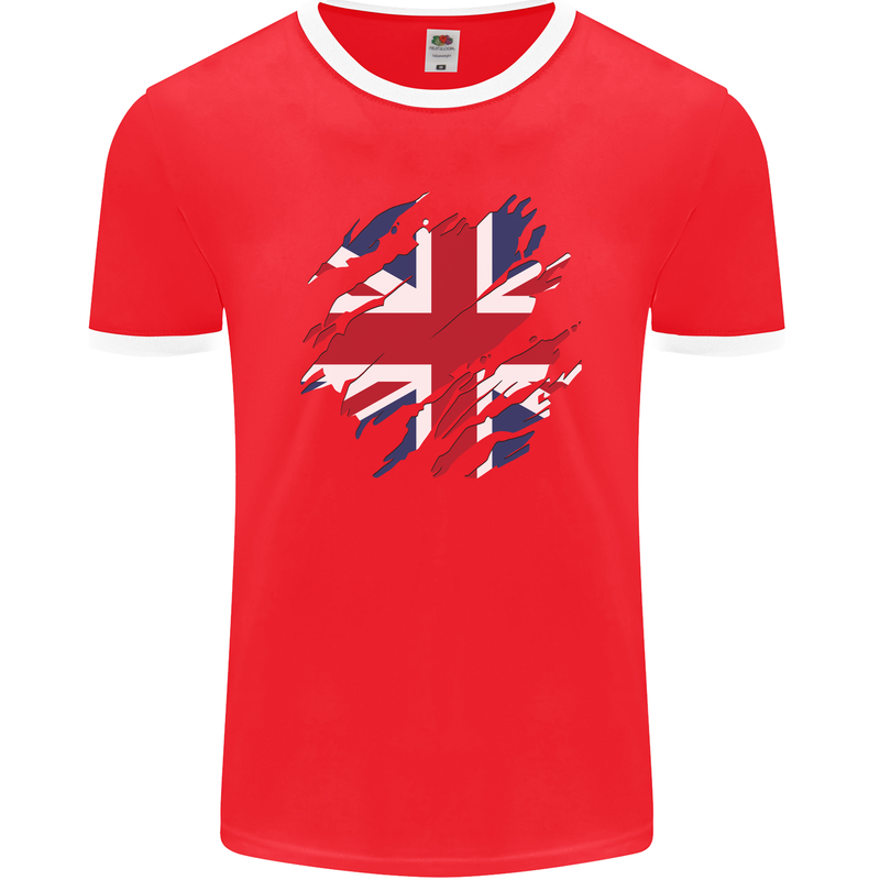 Torn British Flag Union Jack Britain Mens Ringer T-Shirt FotL Red/White