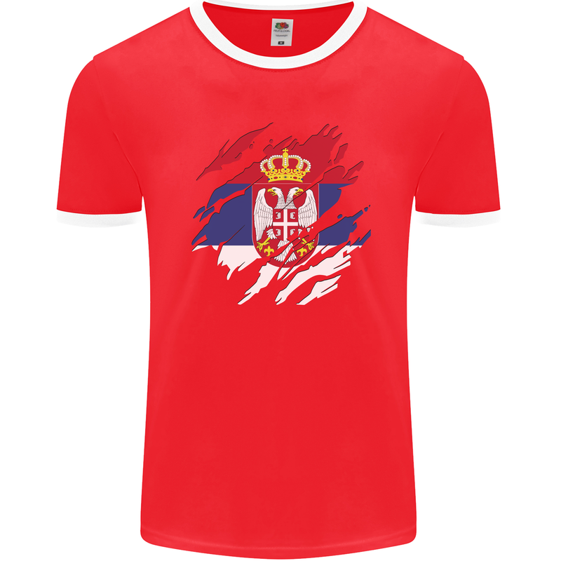 Torn Serbia Flag Serbia Day Football Mens Ringer T-Shirt FotL Red/White