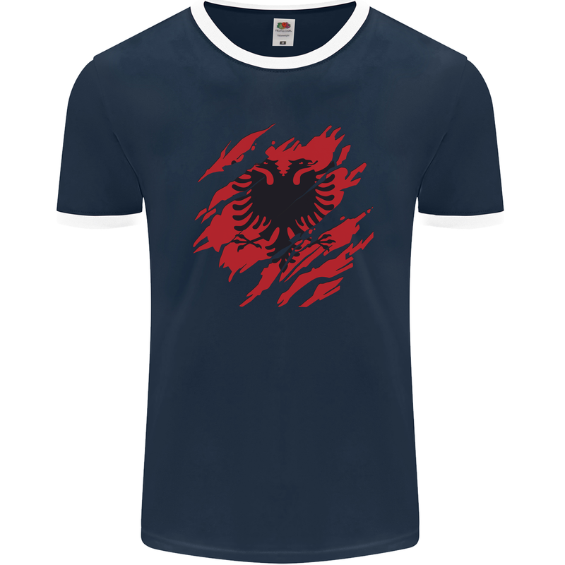 Torn Albania Flag Albanian Day Football Mens Ringer T-Shirt FotL Navy Blue/White