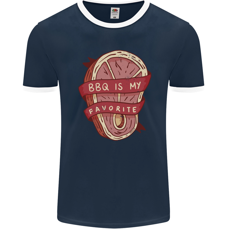 BBQ is My Favourite Funny Steak Grill Braai Mens Ringer T-Shirt FotL Navy Blue/White