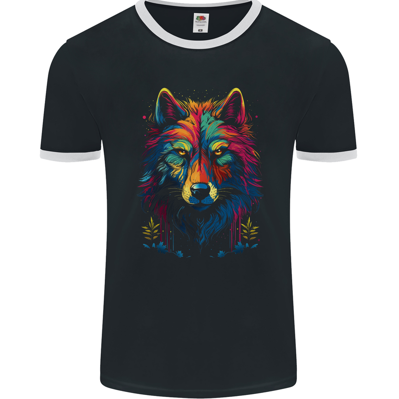 Colourful Fantasy Wolf Face Mens Ringer T-Shirt FotL Black/White