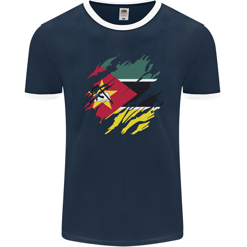 Torn Mozambique Flag Mozambican Day Football Mens Ringer T-Shirt FotL Navy Blue/White